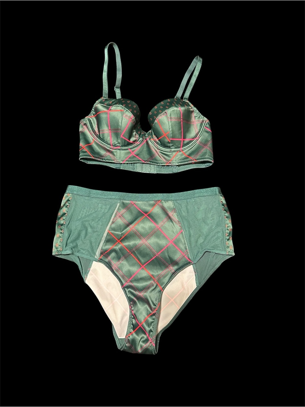 Green Plaid Satin Longline Bra & High-Waist panty Set